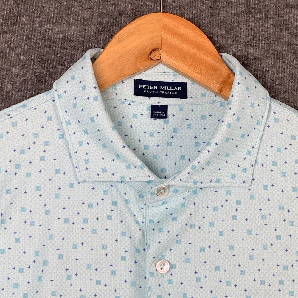 Peter Millar Crown Crafted Polo Men Large Blue Performance Diamond in the Rough